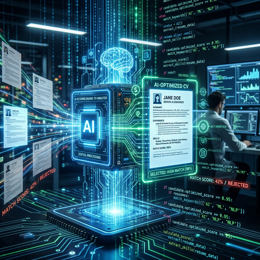 AI system displaying resume analysis results with match scores and candidate selection