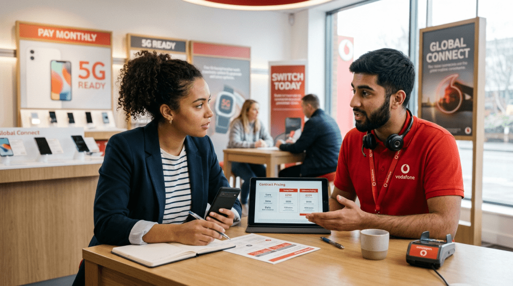 Vodafone employee discussing contract pricing with a customer using a tablet