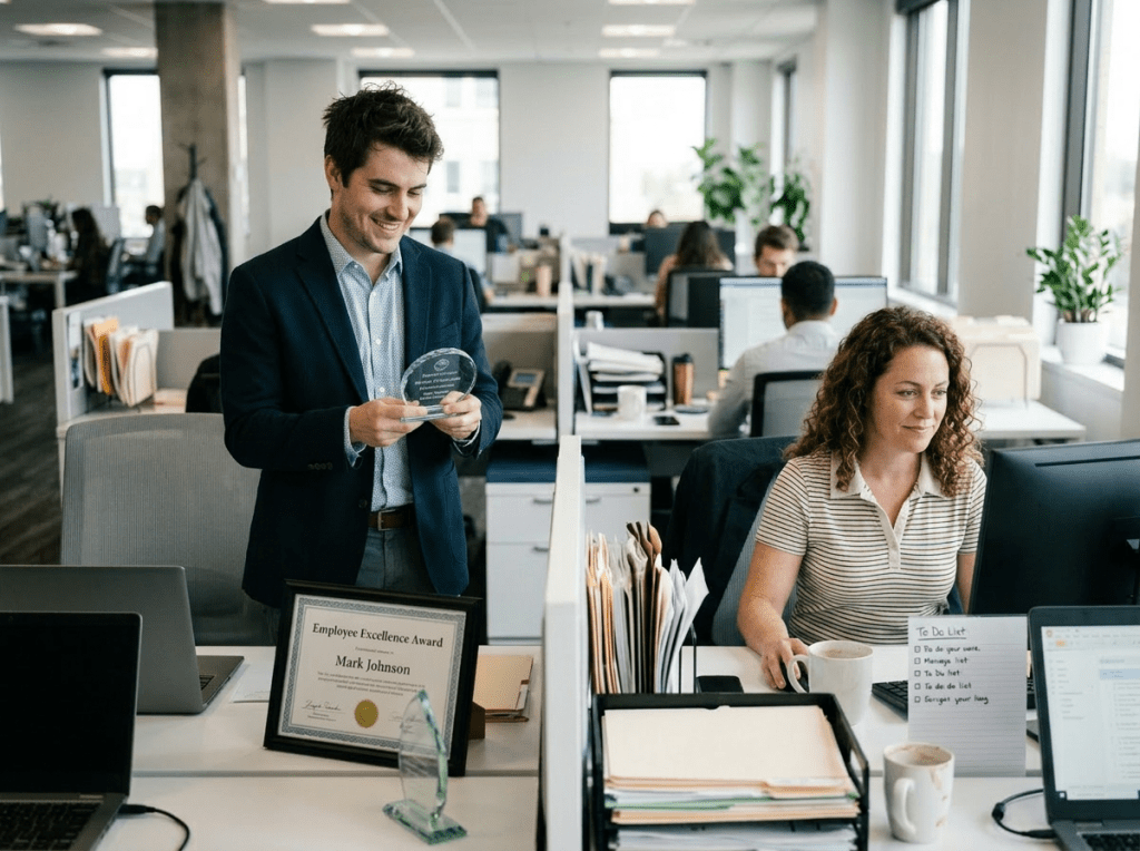Woman holding Employee Excellence Award smiling, man working at computer nearby