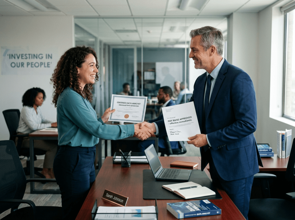 Employee gaining raise through new skills, office scene
