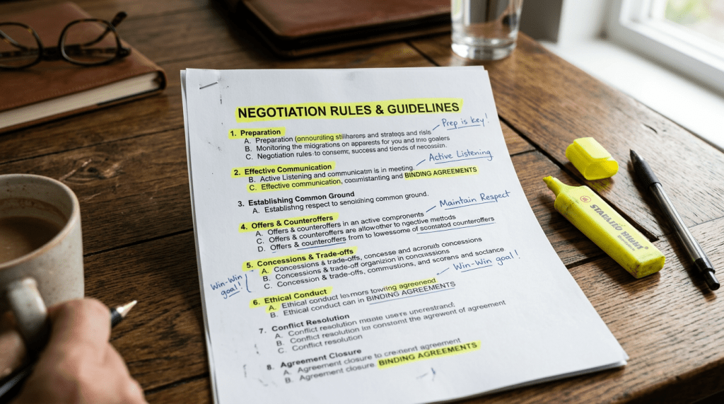 Negotiation rules and guidelines document with highlighted sections and handwritten notes