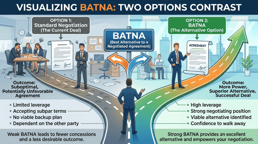 Illustration contrasting standard negotiation and BATNA alternative outcomes in business.