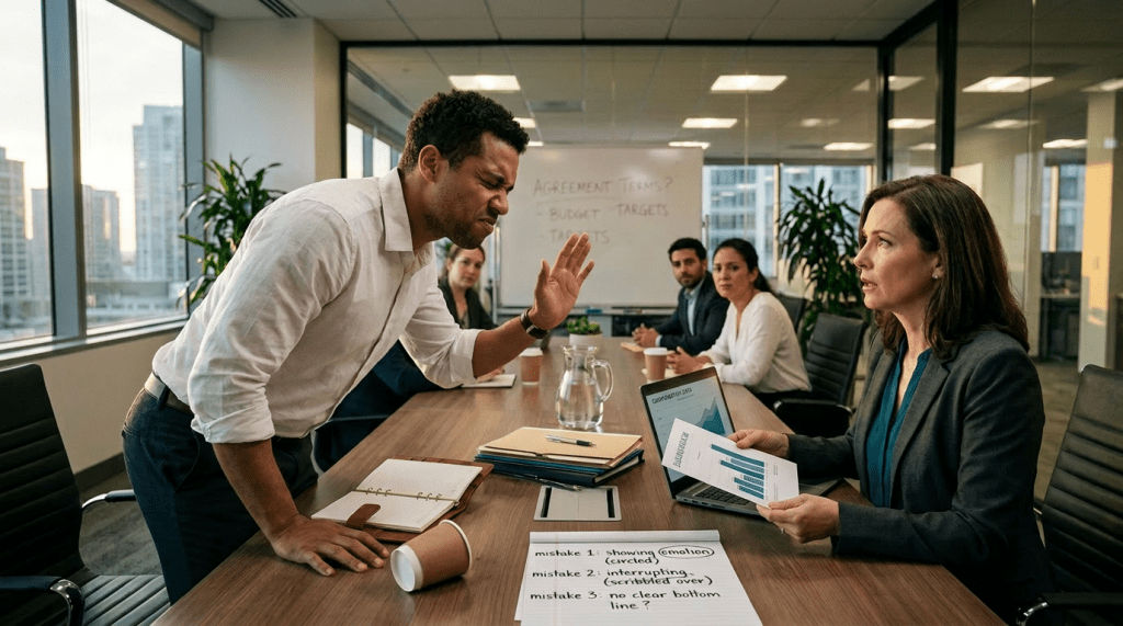 Salary negotiation mistakes, tense office meeting scene