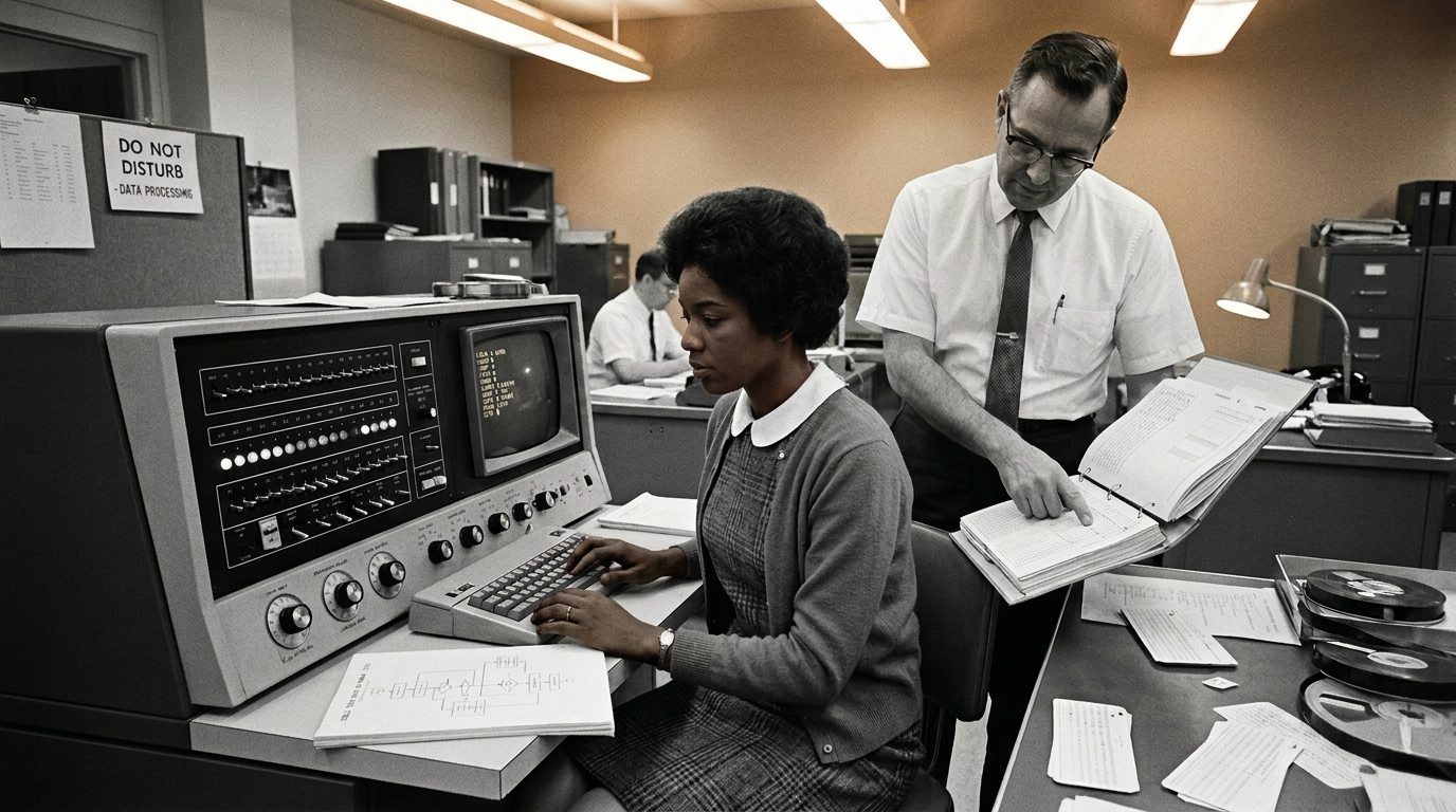 1960s computer data processing office Woman typing on vintage computer console with man reviewing data in office