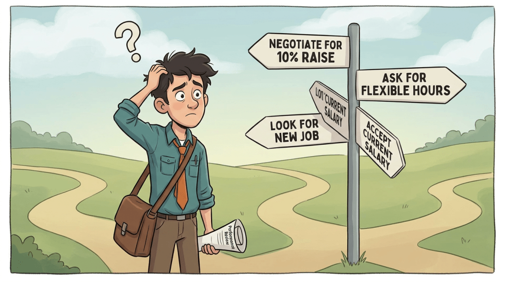 Man standing at crossroads with signs reading negotiate for 10% raise, ask for flexible hours, low current salary, look for new job, accept current salary